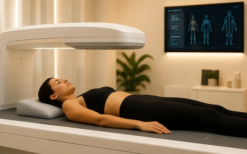 Someone lying on a DEXA scanner, with the scanning arm above them.
