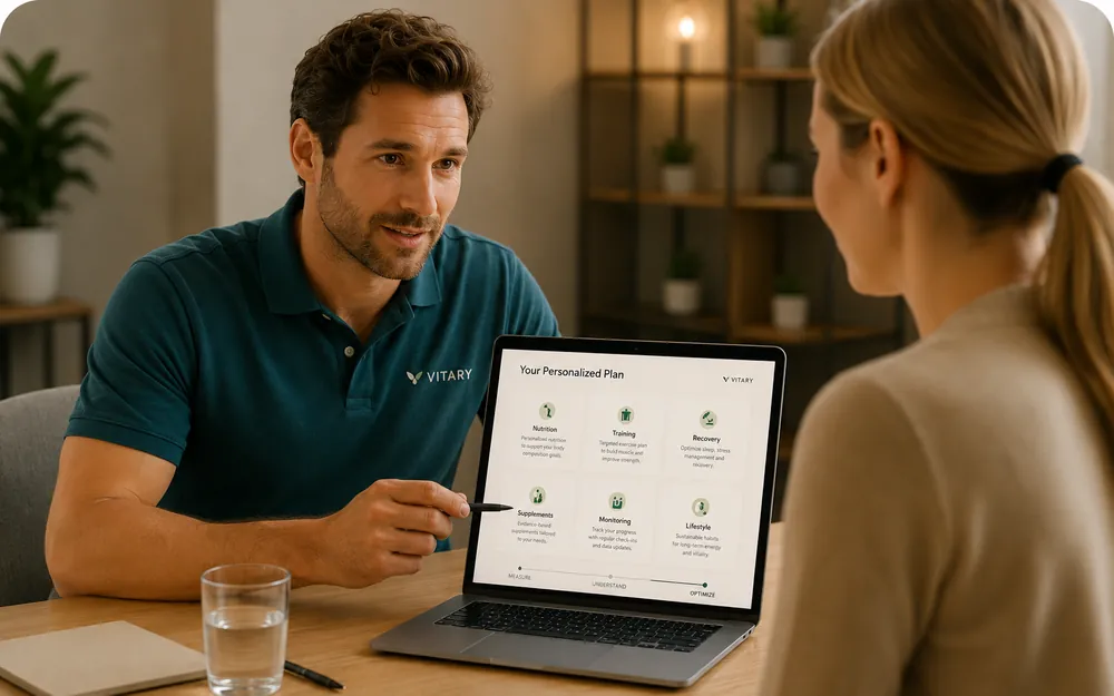 Going through a personalised plan on a laptop together.